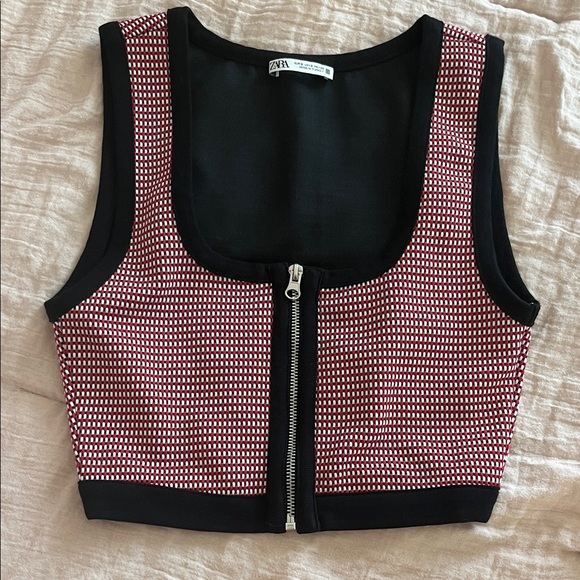 Zara Tops - ZARA Red and Black Zip-Front Cropped Tank